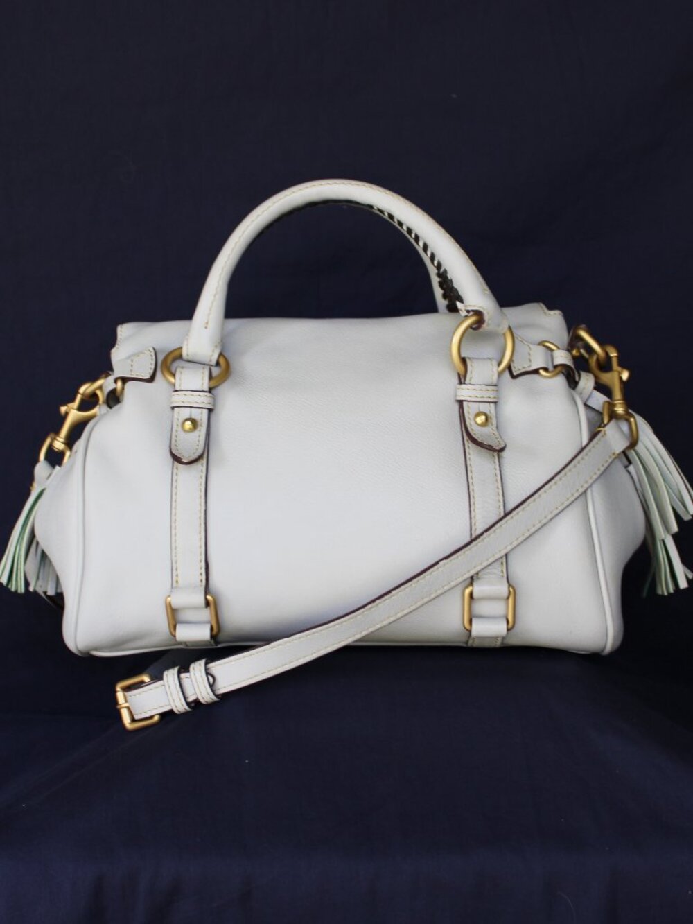 Dooney & Bourke bone light gray satchel leather Florentine tassel purse - Picture 5 of 11